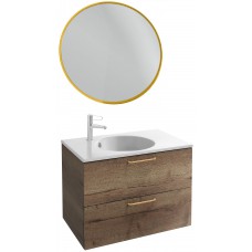 Мебель для ванной Jacob Delafon Odeon Rive Gauche 80 подвесная дуб табак с золотыми ручками и круглым зеркалом