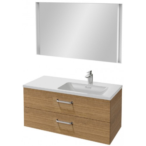 Мебель для ванной Jacob Delafon Vox 100 подвесная правая с 2-мя ящиками с изогнутой ручкой ореховое дерево с зеркалом с подсветкой