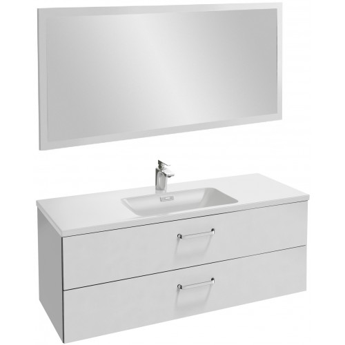 Мебель для ванной Jacob Delafon Vox 120 подвесная с 2-мя ящиками с изогнутой ручкой белая блестящая с зеркалом со светодиодной подсветкой