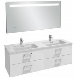 Мебель для ванной Jacob Delafon Vox 140 подвесная с 4-мя ящиками с изогнутой ручкой белый блестящий лак с зеркалом с подсветкой и часами